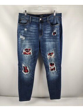 Judy Blue Jeans Women 1XL Blue Buffalo Plaid Patch Distress Skinny Fit JB8268DK